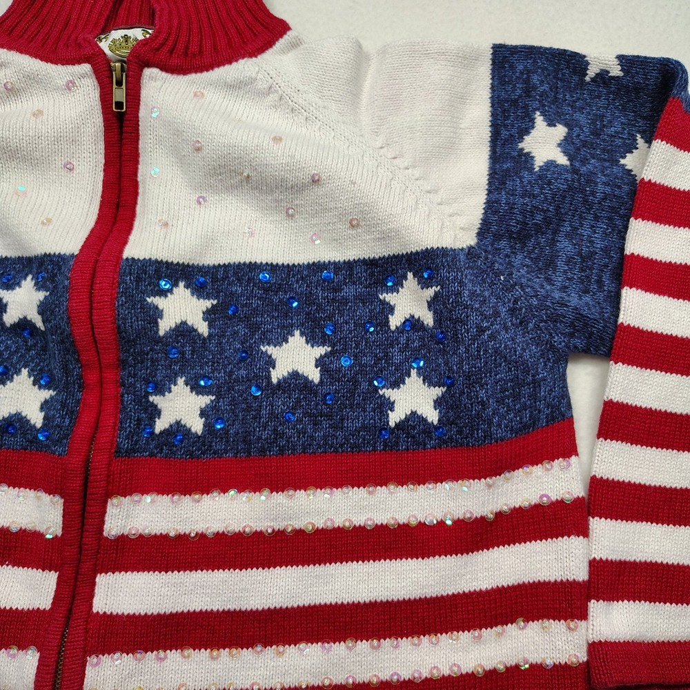Vtg Tiara International American Flag Sequin Zip Up Cardigan Sweater‎ XL - Picture 12 of 13